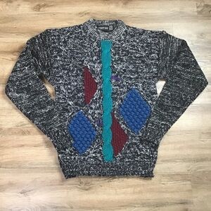VINTAGE Sweater Size Large 1980’s Grandpa Cosby Style Multicolor Gray Teal